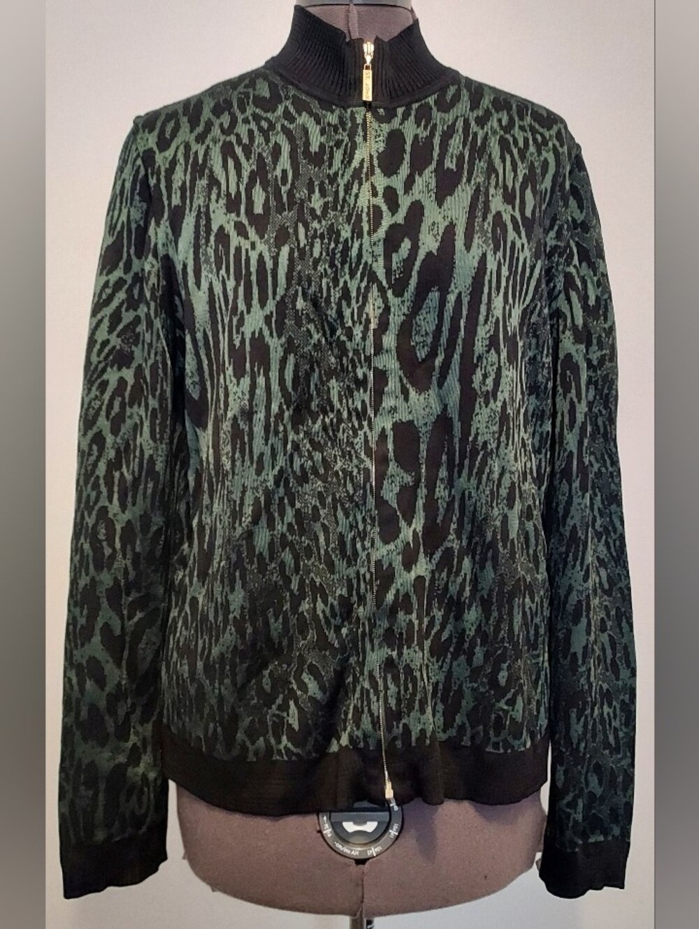 St. John Sport Green and Black Leopard-Print Zip Bomber Jacket